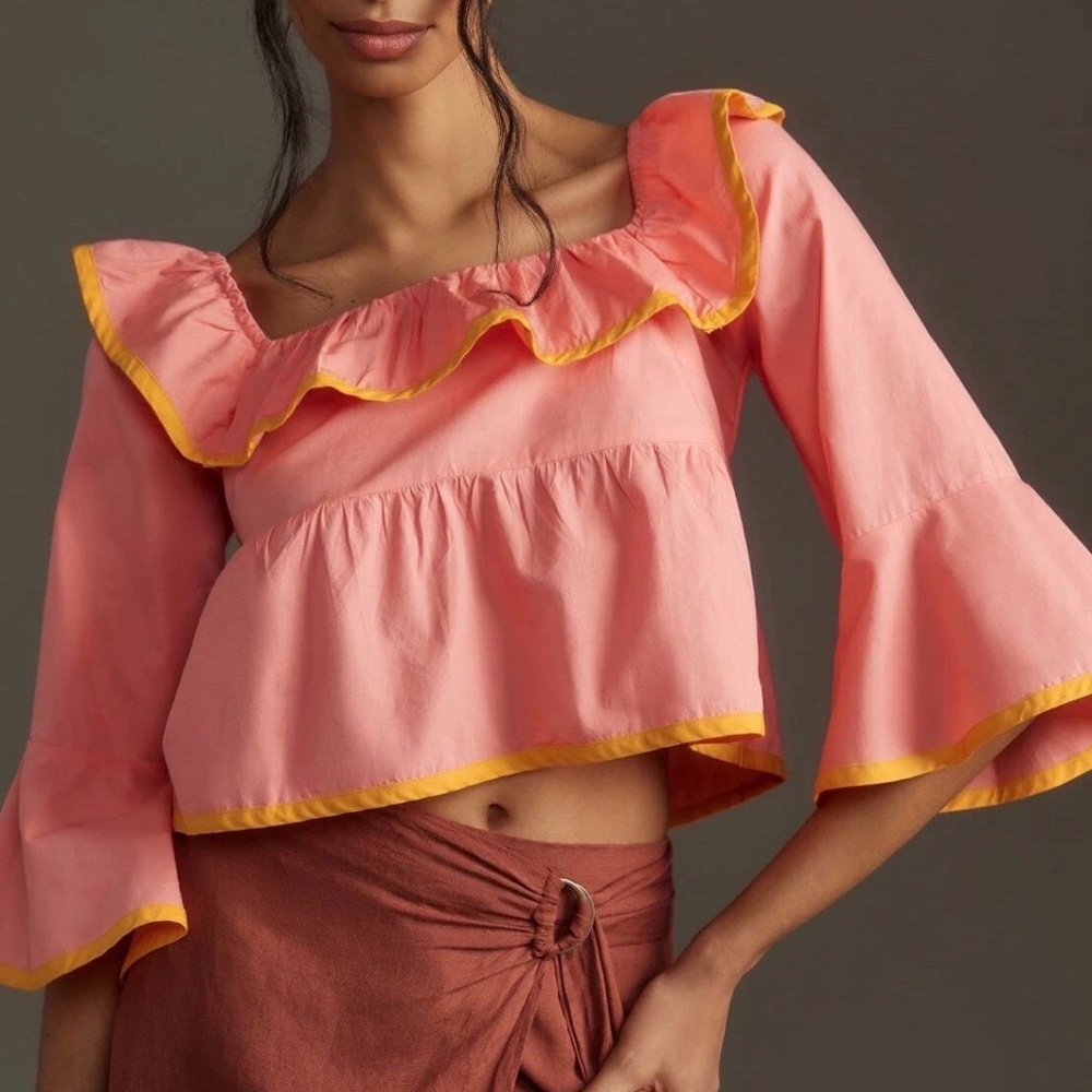 Maeve Anthropologie Pink Square-Neck Ruffle Babydoll Medium Flare sleeve‎ Top M